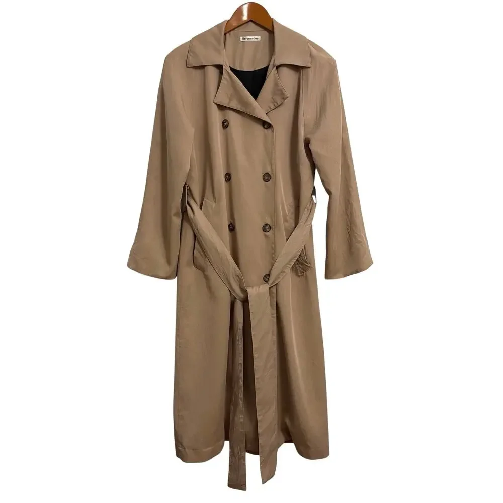 Reformation Tan Double Breasted Trench Coat Womens Size Small Minimalist Luxury